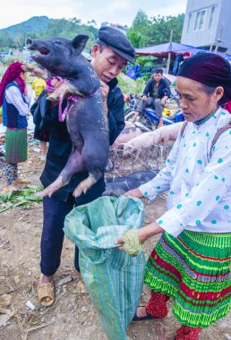 Dong Van, Vietnam - Ekim 16: Hafta sonu Pazar Dong Van Vietnam üzerinde 16 Eylül 2018. Piyasada çevreleyen tepelerden etnik gruplar için ticari bir yer