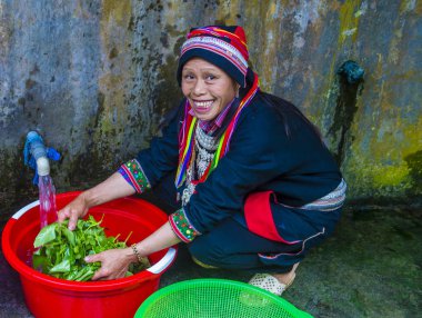 Ha Giang, Vietnam - Ekim 14: Kırmızı Dao azınlık Ha Giang Vietnam üzerinde 14 Eylül 2018 yakınlarındaki bir kasabada'kadın. Kırmızı Dao Vietnam 54 etnik gruplarından biridir