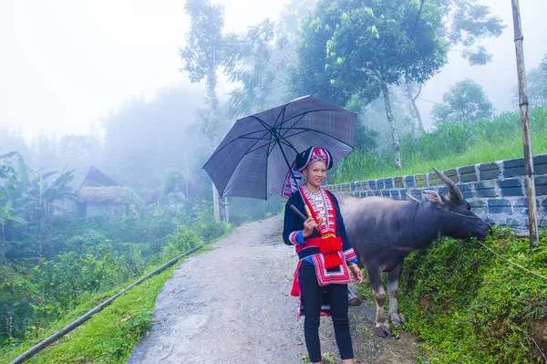 Ha Giang, Vietnam - Ekim 14: Kırmızı Dao azınlık Ha Giang Vietnam üzerinde 14 Eylül 2018 yakınlarındaki bir kasabada'kadın. Kırmızı Dao Vietnam 54 etnik gruplarından biridir