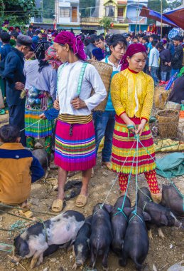 Dong Van, Vietnam - Ekim 16: Hafta sonu Pazar Dong Van Vietnam üzerinde 16 Eylül 2018. Piyasada çevreleyen tepelerden etnik gruplar için ticari bir yer