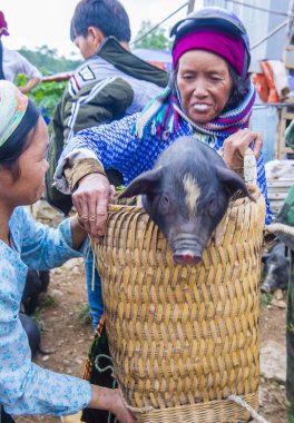 Dong Van, Vietnam - Ekim 16: Hafta sonu Pazar Dong Van Vietnam üzerinde 16 Eylül 2018. Piyasada çevreleyen tepelerden etnik gruplar için ticari bir yer