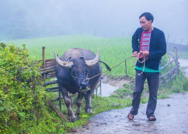 Ha Giang, Vietnam - Ekim 14: Kırmızı Dao azınlık Ha Giang Vietnam üzerinde 14 Eylül 2018 yakınlarındaki bir kasabada adamdan. Kırmızı Dao Vietnam 54 etnik gruplarından biridir