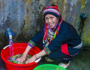 Ha Giang, Vietnam - Ekim 14: Kırmızı Dao azınlık Ha Giang Vietnam üzerinde 14 Eylül 2018 yakınlarındaki bir kasabada'kadın. Kırmızı Dao Vietnam 54 etnik gruplarından biridir