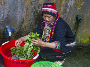 Ha Giang, Vietnam - Ekim 14: Kırmızı Dao azınlık Ha Giang Vietnam üzerinde 14 Eylül 2018 yakınlarındaki bir kasabada'kadın. Kırmızı Dao Vietnam 54 etnik gruplarından biridir