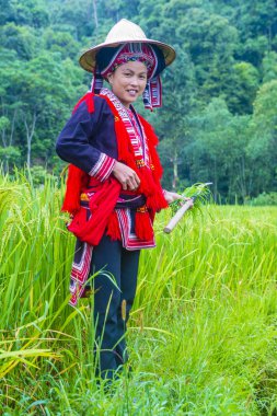 Ha Giang, Vietnam - Ekim 14: Kırmızı Dao azınlık Ha Giang Vietnam üzerinde 14 Eylül 2018 yakınlarındaki bir kasabada'kadın. Kırmızı Dao Vietnam 54 etnik gruplarından biridir
