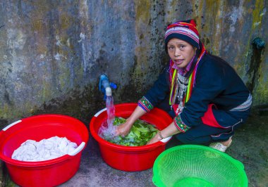 Ha Giang, Vietnam - Ekim 14: Kırmızı Dao azınlık Ha Giang Vietnam üzerinde 14 Eylül 2018 yakınlarındaki bir kasabada'kadın. Kırmızı Dao Vietnam 54 etnik gruplarından biridir