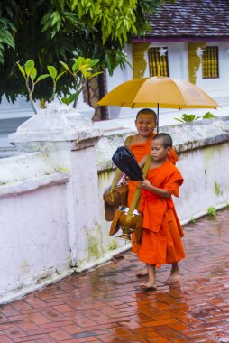 Luang Prabang, Laos - 11 Ağustos 2018: Luang Prabang Laos'ta üzerinde 11 Ağustos 2018 töreni Budist sadaka. Bu yaklaşık 1 içinde 3 erkek Laotians bir manastır katılmak tahmin edilmektedir