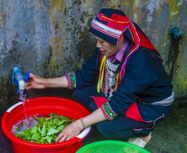 Ha Giang, Vietnam - Ekim 14: Kırmızı Dao azınlık Ha Giang Vietnam üzerinde 14 Eylül 2018 yakınlarındaki bir kasabada'kadın. Kırmızı Dao Vietnam 54 etnik gruplarından biridir