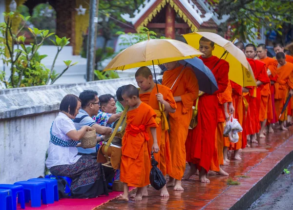 Luang Prabang, Laos - 11 Ağustos 2018: Luang Prabang Laos'ta üzerinde 11 Ağustos 2018 töreni Budist sadaka. Bu yaklaşık 1 içinde 3 erkek Laotians bir manastır katılmak tahmin edilmektedir