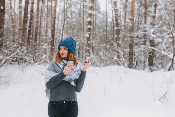 Девушка Шляпе Свитер Лесу Снегом — стоковое фото