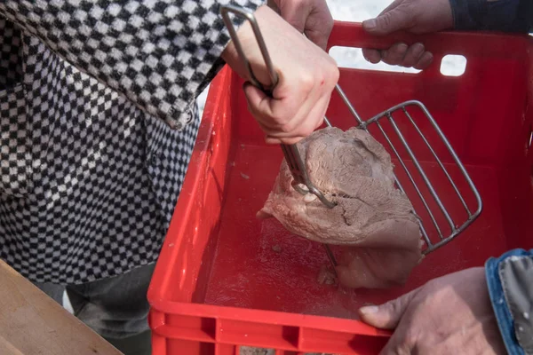 Meat preparing, cooked of entrails — Stock Photo, Image