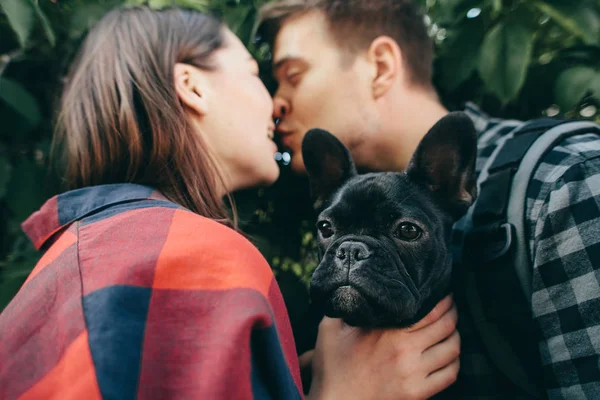 Casal Amoroso Com Animal Estimação Bulldog Francês — Fotografia de Stock