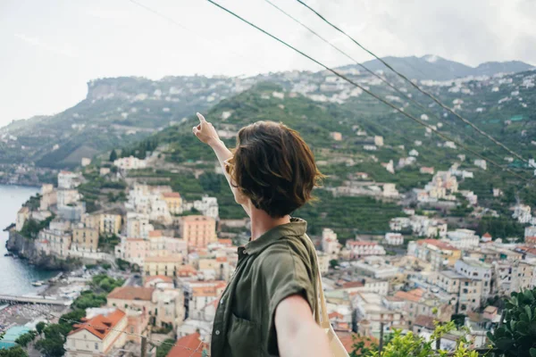 Cute Teenage Girl Stands Handrail Overlooking Mediterranean Sea Hillside Villas — Stock Photo, Image