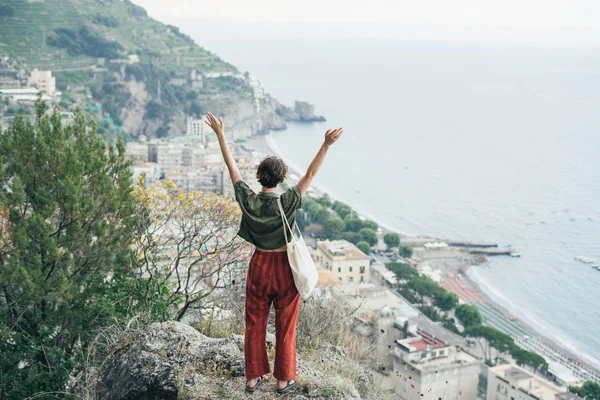 Cute Teenage Girl Stands Handrail Overlooking Mediterranean Sea Hillside Villas — Stock Photo, Image