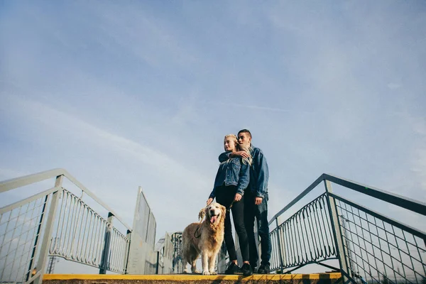 Casal Andando Com Cão Retriever — Fotografia de Stock