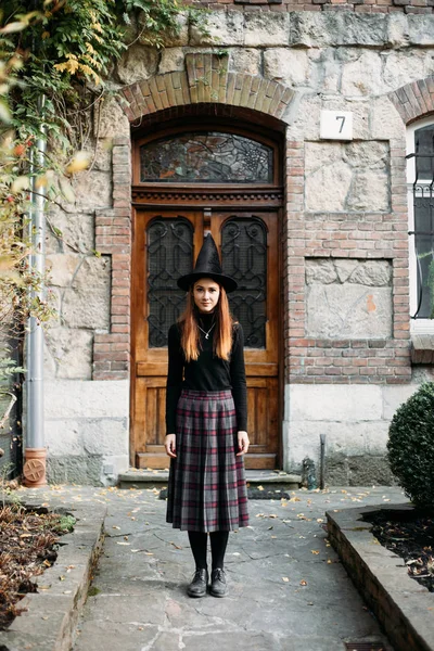 Halloween Witch Autumn City Halloween Mysterious Lady Woods — Stock Photo, Image