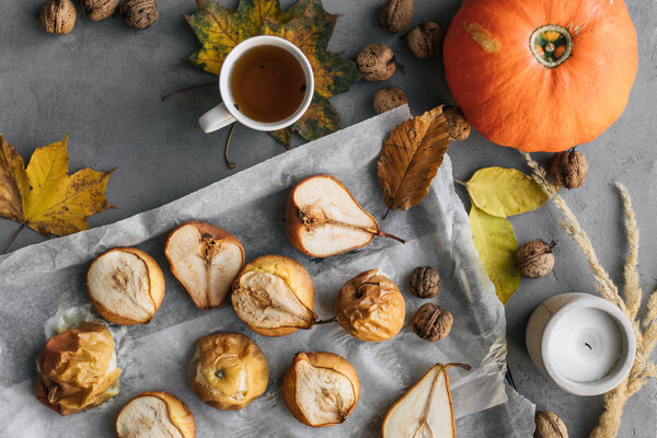 baked apples and pears, autumn food, pumpkin