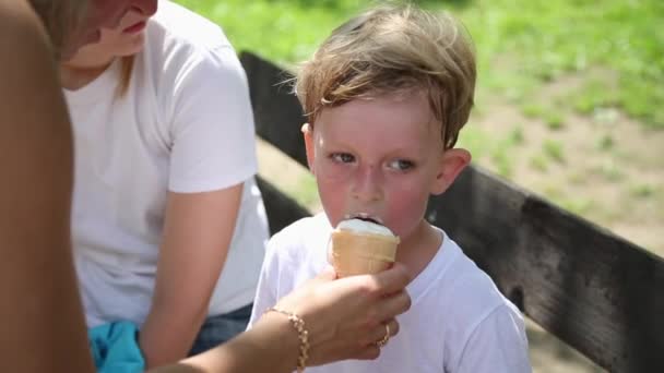 かわいい幼児男の子がアイスクリームを食べています。 — ストック動画