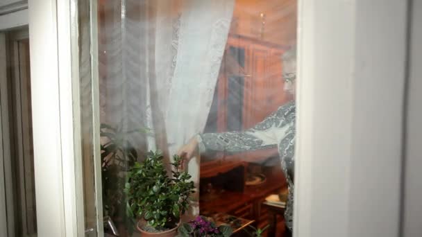 Mujer anciana regando flores de la tetera — Vídeos de Stock