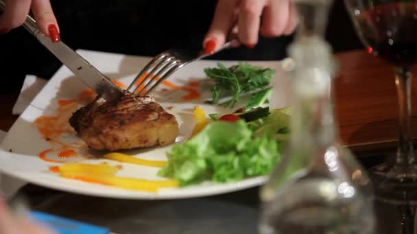 Cortar la carne en un plato — Vídeos de Stock