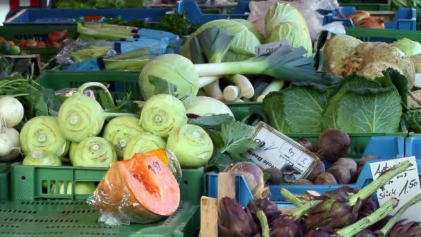 Legumes frescos no balcão da loja. Exposição de legumes . — Vídeo de Stock