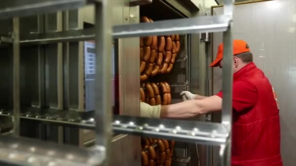 The butcher takes out the rack with ready sausages from the smoking chamber — Stock Video