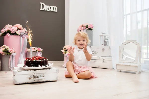 Happy Little Blonde Girl Birthday Chocolate Berry Cake Firework — Stock Photo, Image