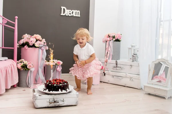 Happy Little Blonde Girl Birthday Chocolate Berry Cake Firework — Stock Photo, Image