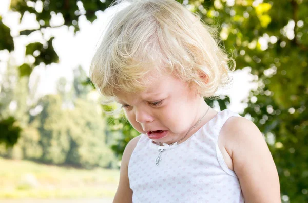 Little Girl Child Blonde Bitterly Cries Negative Emotions — Stock Photo, Image