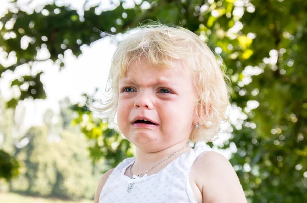 Little Girl Child Blonde Bitterly Cries Negative Emotions — Stock Photo, Image