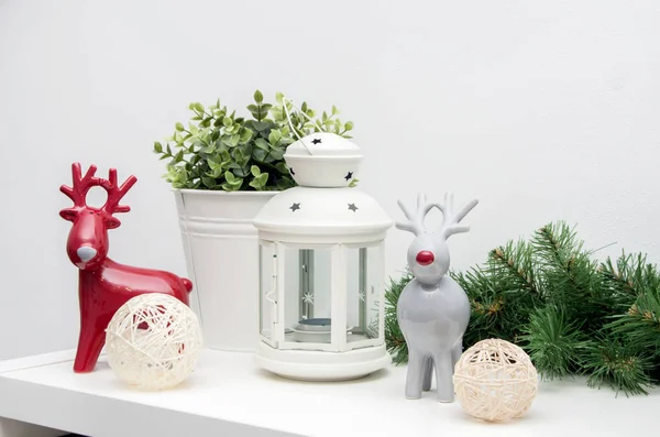 Winter Composition Deer Greens Decorative Lantern White Interior — Stock Photo, Image