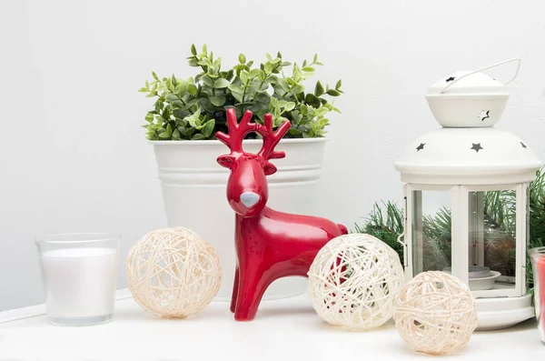 Winter Composition Deer Greens Decorative Lantern White Interior — Stock Photo, Image