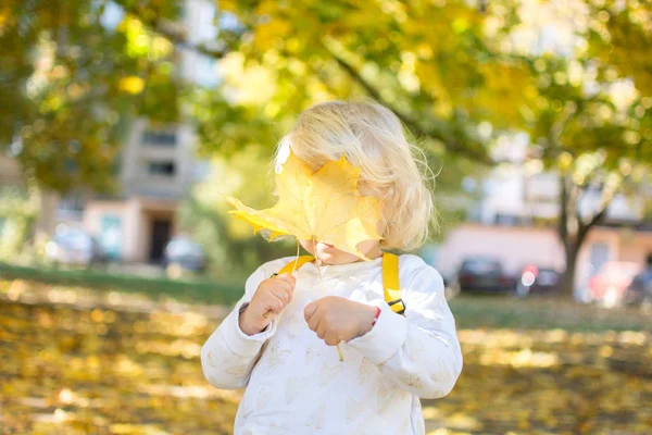 Menina Cobriu Seu Rosto Com Uma Folha Amarelo Jogando Dia — Fotografia de Stock