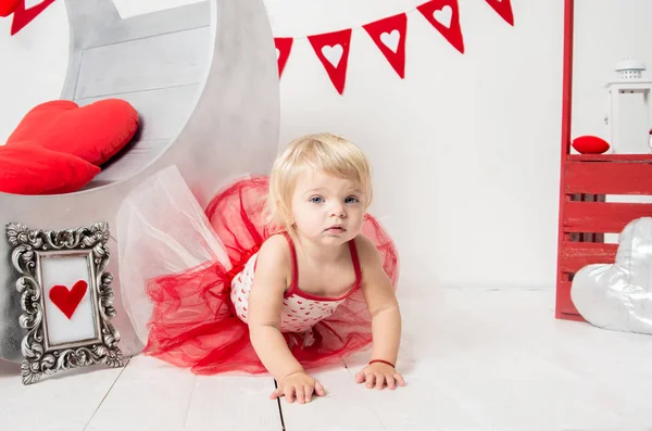 Valentine Day Portrait Cute Little Baby Girl Decorated Holiday Studio — Stock Photo, Image