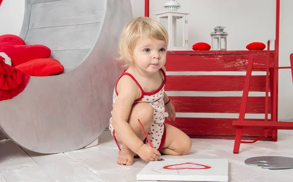 Valentine Day Portrait Cute Little Baby Girl Decorated Holiday Studio — Stock Photo, Image