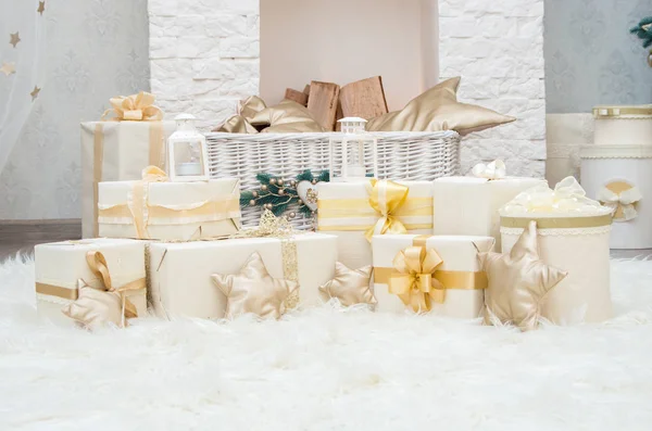 Gift Boxes Gold Ribbon Star Pillows Decorative Lantern White Carpet — Stock Photo, Image