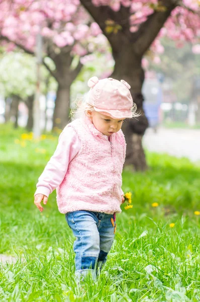 sevimli sarışın bahçede keyifle oynuyor