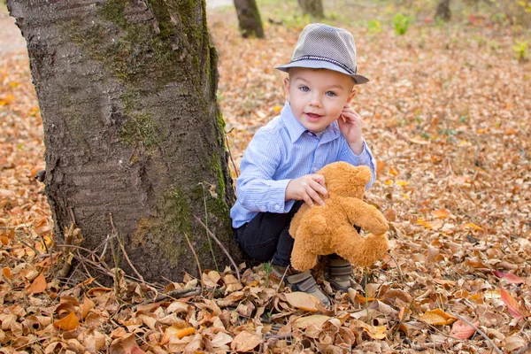 Menino em um chapéu na floresta de outono com um brinquedo em suas mãos — Fotografia de Stock
