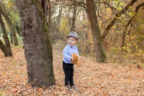 Menino em um chapéu na floresta de outono com um brinquedo em suas mãos — Fotografia de Stock