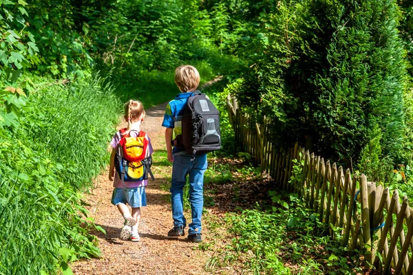 Menino e menina caminhadas na natureza — Fotografia de Stock