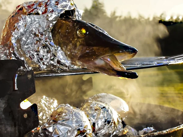 Pique fresco enrolado em folha de alumínio no churrasco — Fotografia de Stock