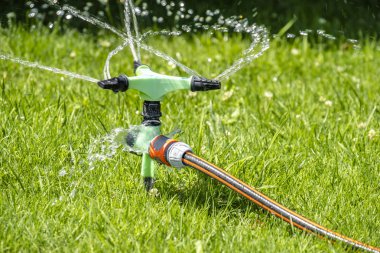 Otomatik sulama sistemi üzerinde sıcak yaz aylarında çalışan yağmurlama