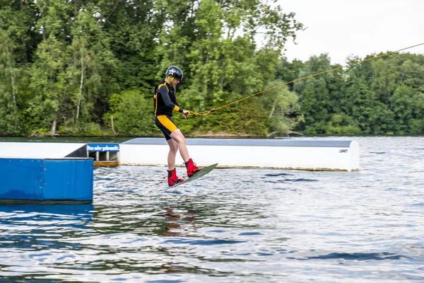 Duisburg , Germany - July 18 2018 : Boy having fun with waterski on the lake — Stock Photo, Image