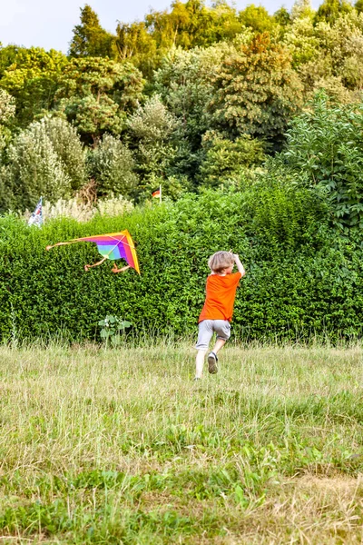 Pojken har kul flyger en drake i sommar — Stockfoto