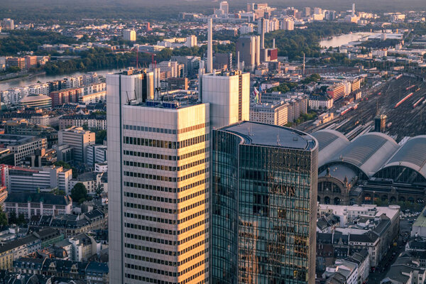 Aerial of the financial district in Frankfurt, Germany - Europe.