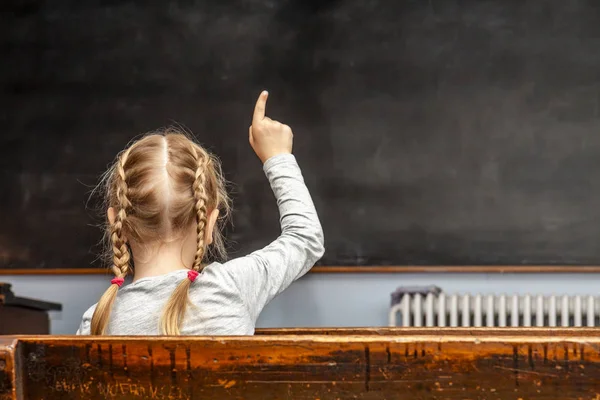 Concept of public primary school education with young girl raising her hand in the classroom — Stock Photo, Image