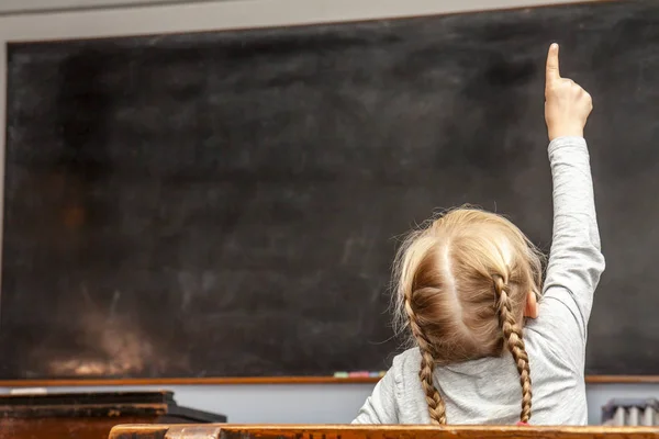 Concept d'enseignement primaire public avec une jeune fille levant la main en classe — Photo