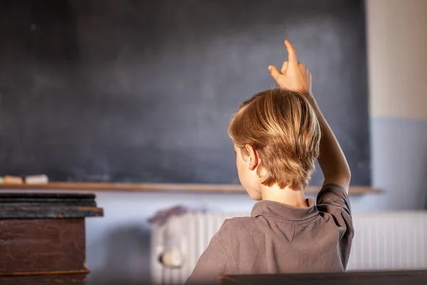 Konzept der öffentlichen Grundschulerziehung mit einem kleinen Jungen, der im Klassenzimmer die Hand hebt — Stockfoto