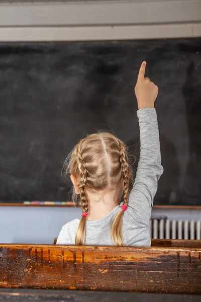 Concept of public primary school education with young girl raising her hand in the classroom — Stock Photo, Image