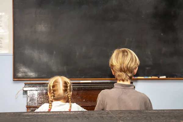 Concept of public primary school education with young boy and girl sitting in the classroom